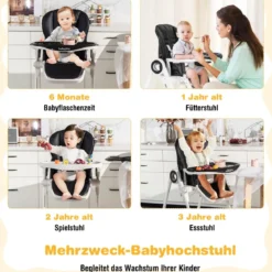 Faltbarer Baby Hochstuhl mit 6 verstellbaren Höhen & abnehmbare Doppeltabletts Schwarz