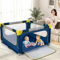 Faltbarer Baby Laufstall mit 50 Bälle & 4 Griffe & Reißverschlusstor Laufgitter Krabbelgitter Blau
