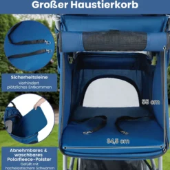 Faltbarer Haustierwagen leichter Katzen-Spazierwagen mit verstellbarem Sonnendach Blau