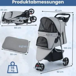 Faltbarer Haustierwagen leichter Katzen-Spazierwagen mit verstellbarem Sonnendach Grau