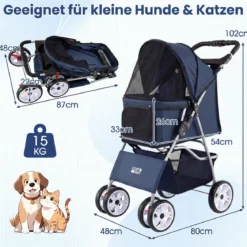 Faltbarer Haustierwagen mit atmungsaktivem Netz wasserfestem Bezug Geländereifen Blau