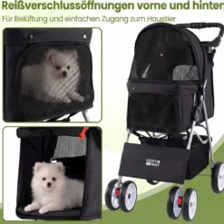 Faltbarer Haustierwagen mit atmungsaktivem Netz wasserfestem Bezug Geländereifen Schwarz