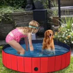Faltbarer Hunde Swimmingpool Drinnen Draußen Auslaufsicherer Haustier Pool mit Drehbarem Ablassventil 140*30cm Rot