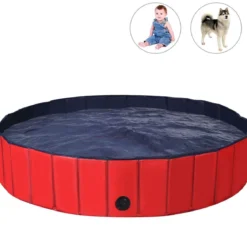 Faltbarer Hunde Swimmingpool Drinnen Draußen Auslaufsicherer Haustier Pool mit Drehbarem Ablassventil 140*30cm Rot