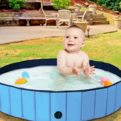 Faltbarer Hunde Swimmingpool Drinnen Draußen Auslaufsicherer Haustier Pool mit Drehbarem Ablassventil 140*30cm Blau