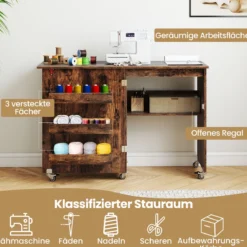 Faltbarer Nähtisch Rollende Bastelstation mit Ablagefach 3 versteckte Behälter Mobiler Nähtisch 118,5 x 40 x 79,5 cm Braun