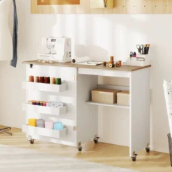 Faltbarer Nähtisch Rollende Bastelstation mit Ablagefach 3 versteckte Behälter Mobiler Nähtisch Weiß 118,5 x 40 x 79,5 cm