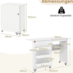 Faltbarer Nähtisch Rollende Bastelstation mit Ablagefach 3 versteckte Behälter Mobiler Nähtisch 118,5 x 40 x 79,5 cm Weiß