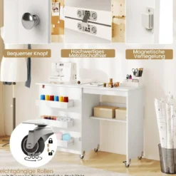 Faltbarer Nähtisch Rollende Bastelstation mit Ablagefach 3 versteckte Behälter Mobiler Nähtisch 118,5 x 40 x 79,5 cm Weiß