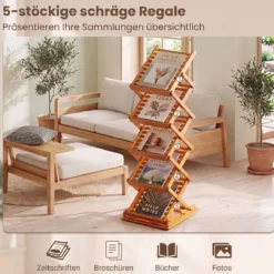 Faltbarer Zeitschriftenständer mit 5 Ablagefächern aus Bambus 40 x 35 x 146 cm Walnuss