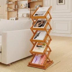 Faltbarer Zeitschriftenständer mit 5 Ablagefächern aus Bambus 40 x 35 x 146 cm Walnuss