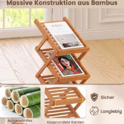 Faltbarer Zeitschriftenständer mit 5 Ablagefächern aus Bambus 40 x 35 x 146 cm Walnuss