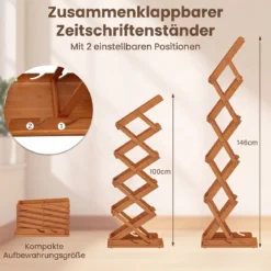 Faltbarer Zeitschriftenständer mit 5 Ablagefächern aus Bambus 40 x 35 x 146 cm Walnuss