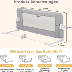 Faltbares Bettgitter Sicherheitsgitter für Kleinkinder Bettschutzgitter mit Gurt 105 x 40 x 42 cm Grau