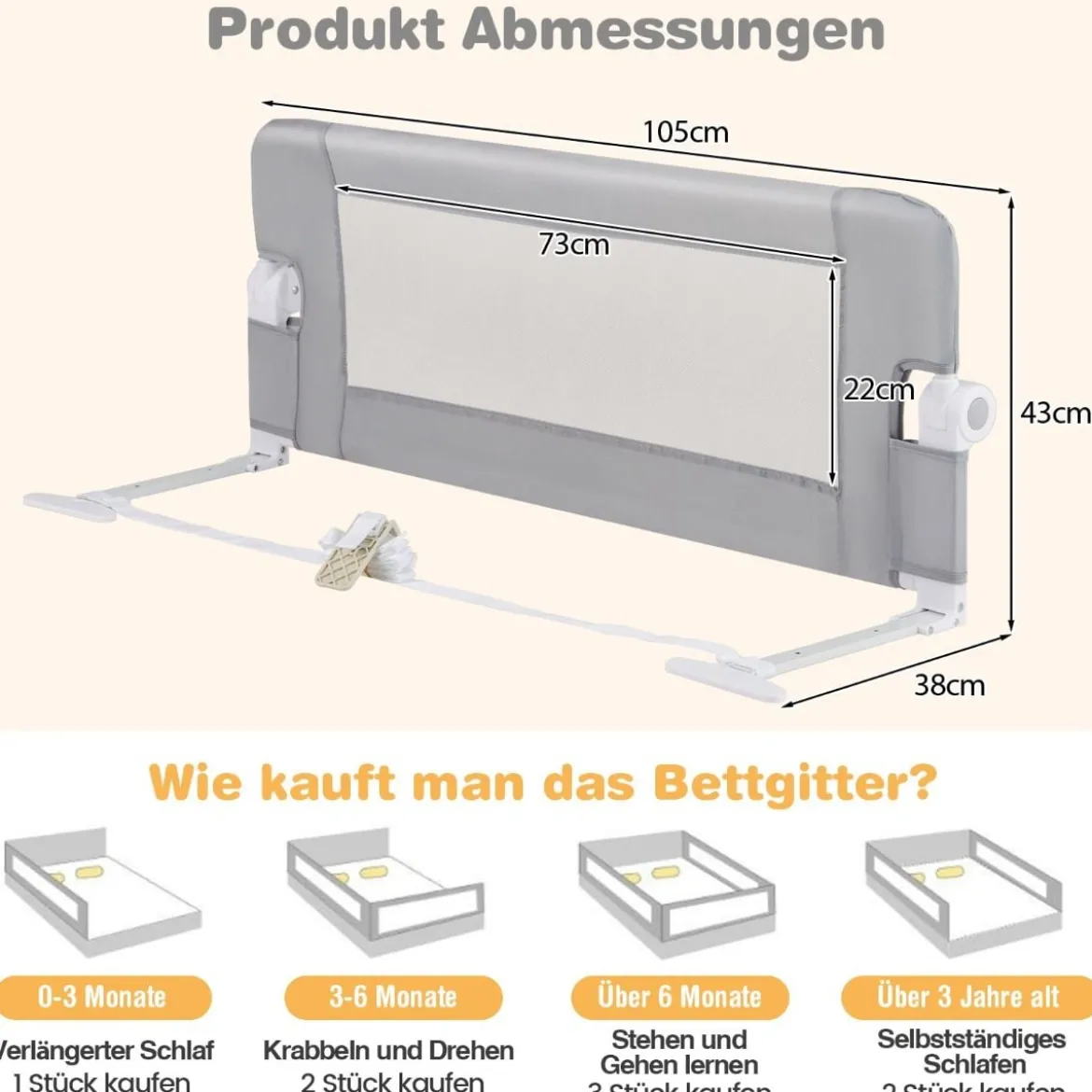 Faltbares Bettgitter Sicherheitsgitter für Kleinkinder Bettschutzgitter mit Gurt 105 x 40 x 42 cm Grau
