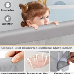 Faltbares Bettgitter Sicherheitsgitter für Kleinkinder Bettschutzgitter mit Gurt 105 x 40 x 42 cm Grau