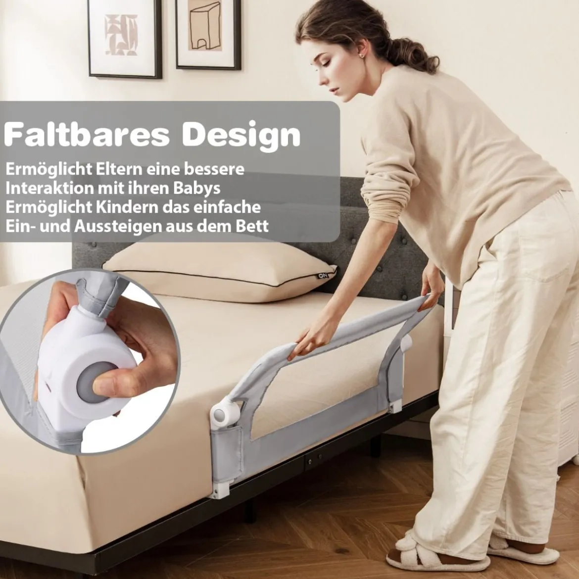 Faltbares Bettgitter Sicherheitsgitter für Kleinkinder Bettschutzgitter mit Gurt 105 x 40 x 42 cm Grau