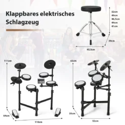 Faltbares E-Drum Set mit Mesh Pads & 150 Sounds & 10 Demos 7 Teiliges E-Schlagzeug Komplettset