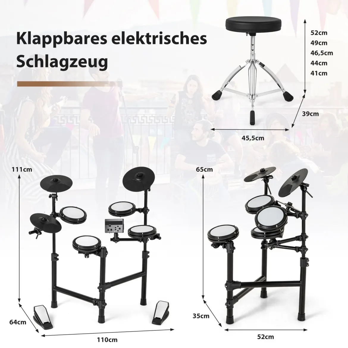 Faltbares E-Drum Set mit Mesh Pads & 150 Sounds & 10 Demos 7 Teiliges E-Schlagzeug Komplettset