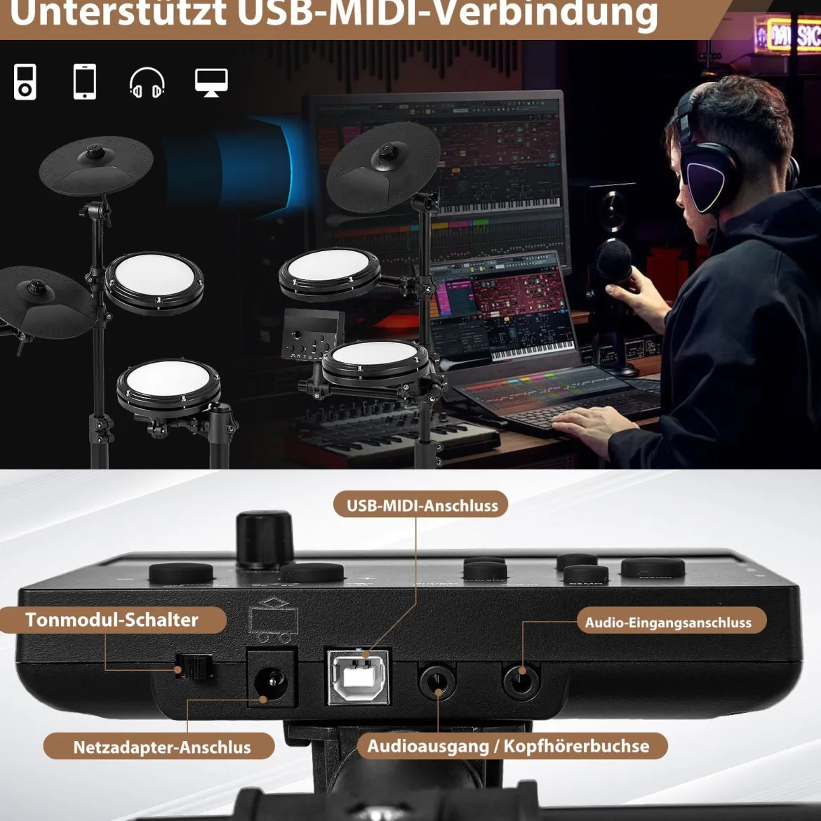 Faltbares E-Drum Set mit Mesh Pads & 150 Sounds & 10 Demos 7 Teiliges E-Schlagzeug Komplettset