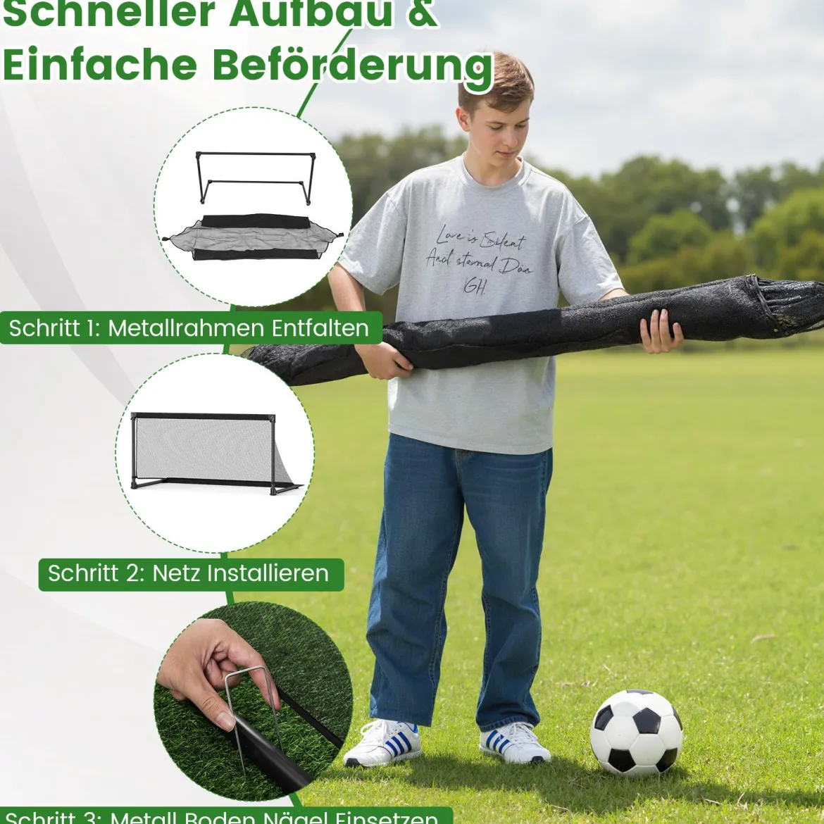 Faltbares Fußballtor 150x71x76cm Metallrahmen Wetterfestes PE Netz Erdspieße Einfach Montierbar für Outdoor Training Schwarz