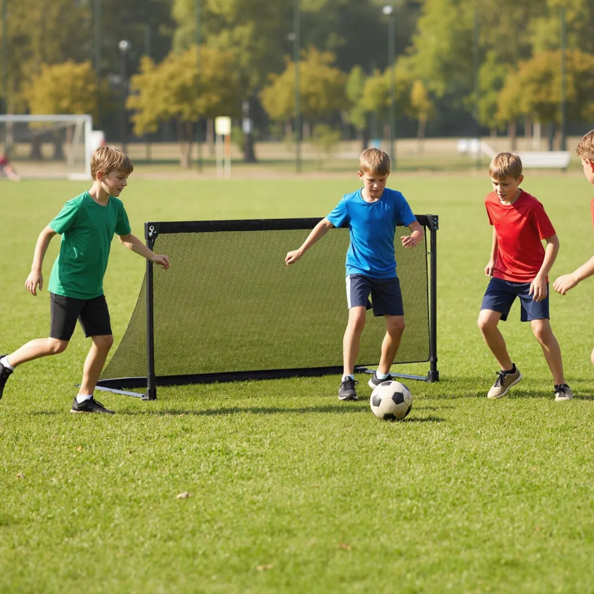Faltbares Fußballtor 150x71x76cm Metallrahmen Wetterfestes PE Netz Erdspieße Einfach Montierbar für Outdoor Training Schwarz