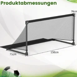 Faltbares Fußballtor 150x71x76cm Metallrahmen Wetterfestes PE Netz Erdspieße Einfach Montierbar für Outdoor Training Schwarz
