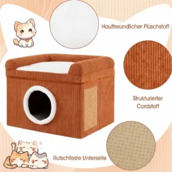 Faltbares Katzenhaus mit Sisal-Kratzmatte & Weiches Kissen & Erhöhten Kanten Katzenbett Braun