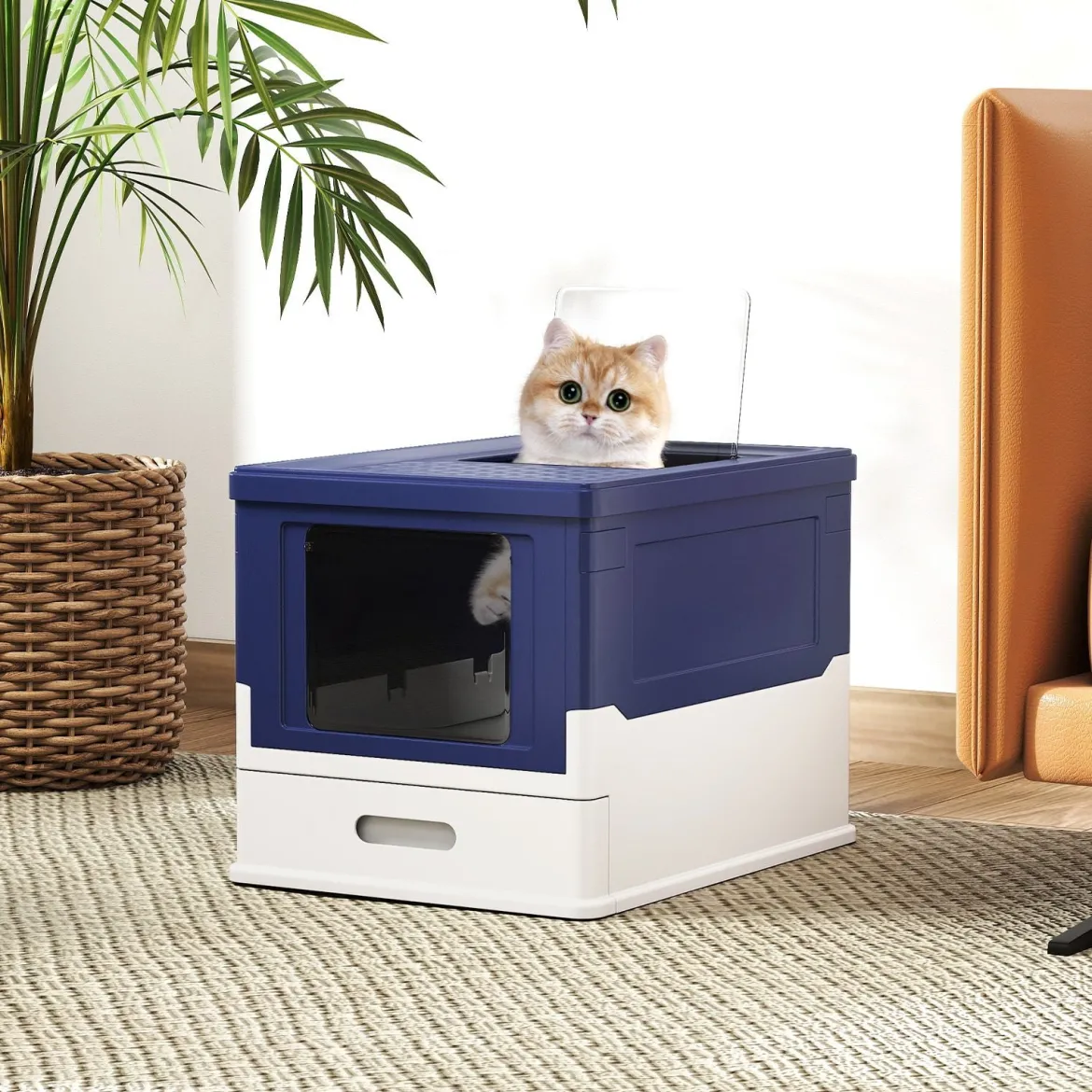 Faltbares Katzenklo mit Deckel & Ausziehbarem Tablett & Fronteinstieg Katzentoilette Blau