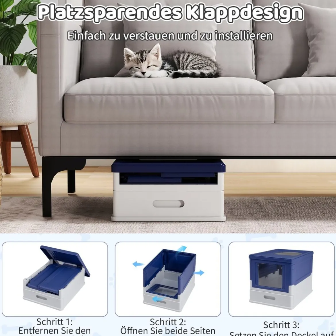 Faltbares Katzenklo mit Deckel & Ausziehbarem Tablett & Fronteinstieg Katzentoilette Blau