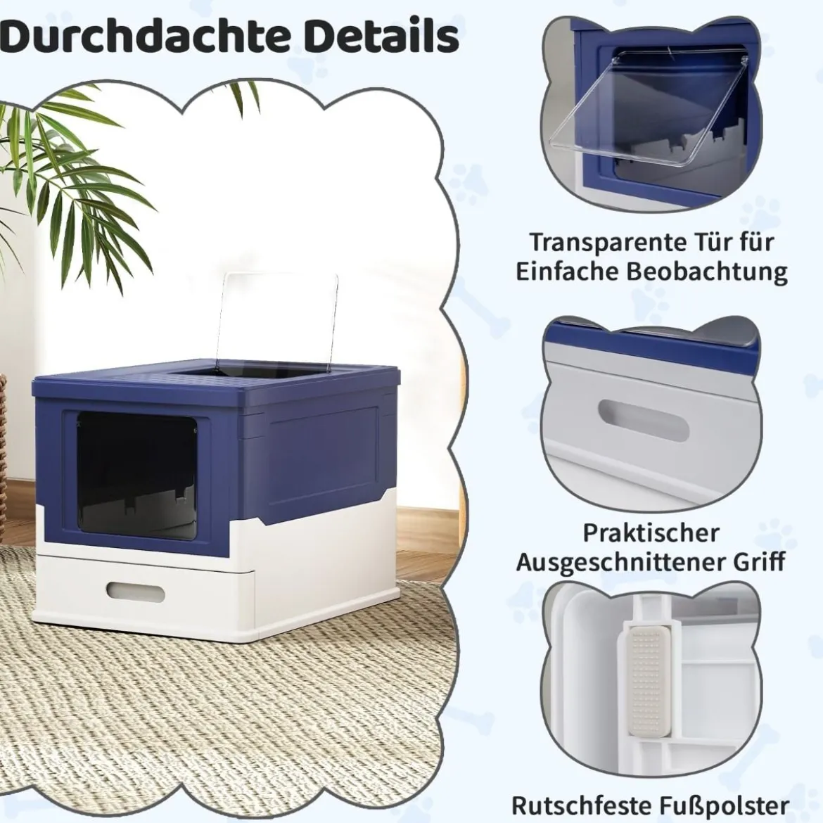 Faltbares Katzenklo mit Deckel & Ausziehbarem Tablett & Fronteinstieg Katzentoilette Blau