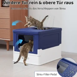Faltbares Katzenklo mit Deckel & Ausziehbarem Tablett & Fronteinstieg Katzentoilette Blau