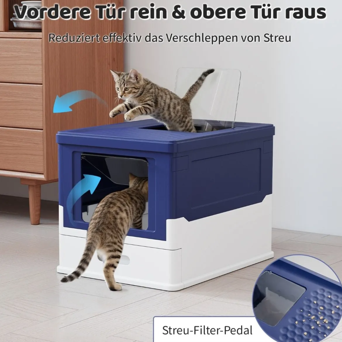 Faltbares Katzenklo mit Deckel & Ausziehbarem Tablett & Fronteinstieg Katzentoilette Blau
