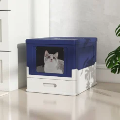 Faltbares Katzenklo mit Deckel & Ausziehbarem Tablett & Fronteinstieg Katzentoilette Blau