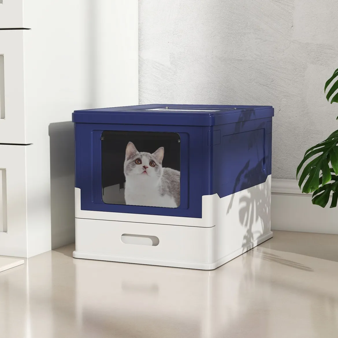 Faltbares Katzenklo mit Deckel & Ausziehbarem Tablett & Fronteinstieg Katzentoilette Blau