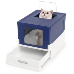 Faltbares Katzenklo mit Deckel & Ausziehbarem Tablett & Fronteinstieg Katzentoilette Blau
