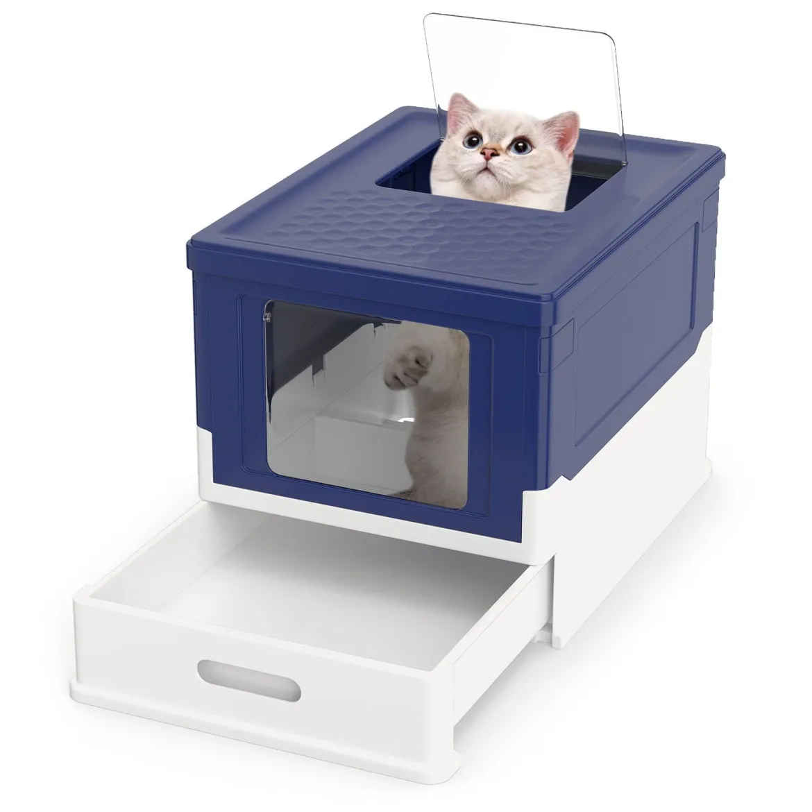 Faltbares Katzenklo mit Deckel & Ausziehbarem Tablett & Fronteinstieg Katzentoilette Blau