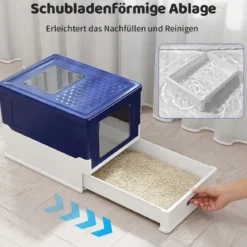 Faltbares Katzenklo mit Deckel & Ausziehbarem Tablett & Fronteinstieg Katzentoilette Blau