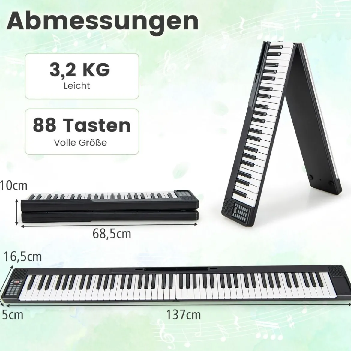 Faltbares 88-Tasten Digitalpiano Elektrisches Keyboard 137 x 16,5x 5 cm Schwarz + Weiß