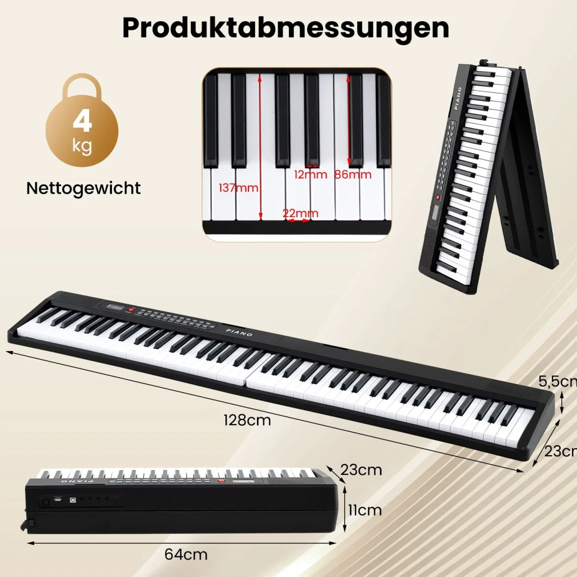 Faltbares 88-Tasten-Klavierkeyboard mit Split-Funktion & 3 Lernmodi Keyboard Schwarz