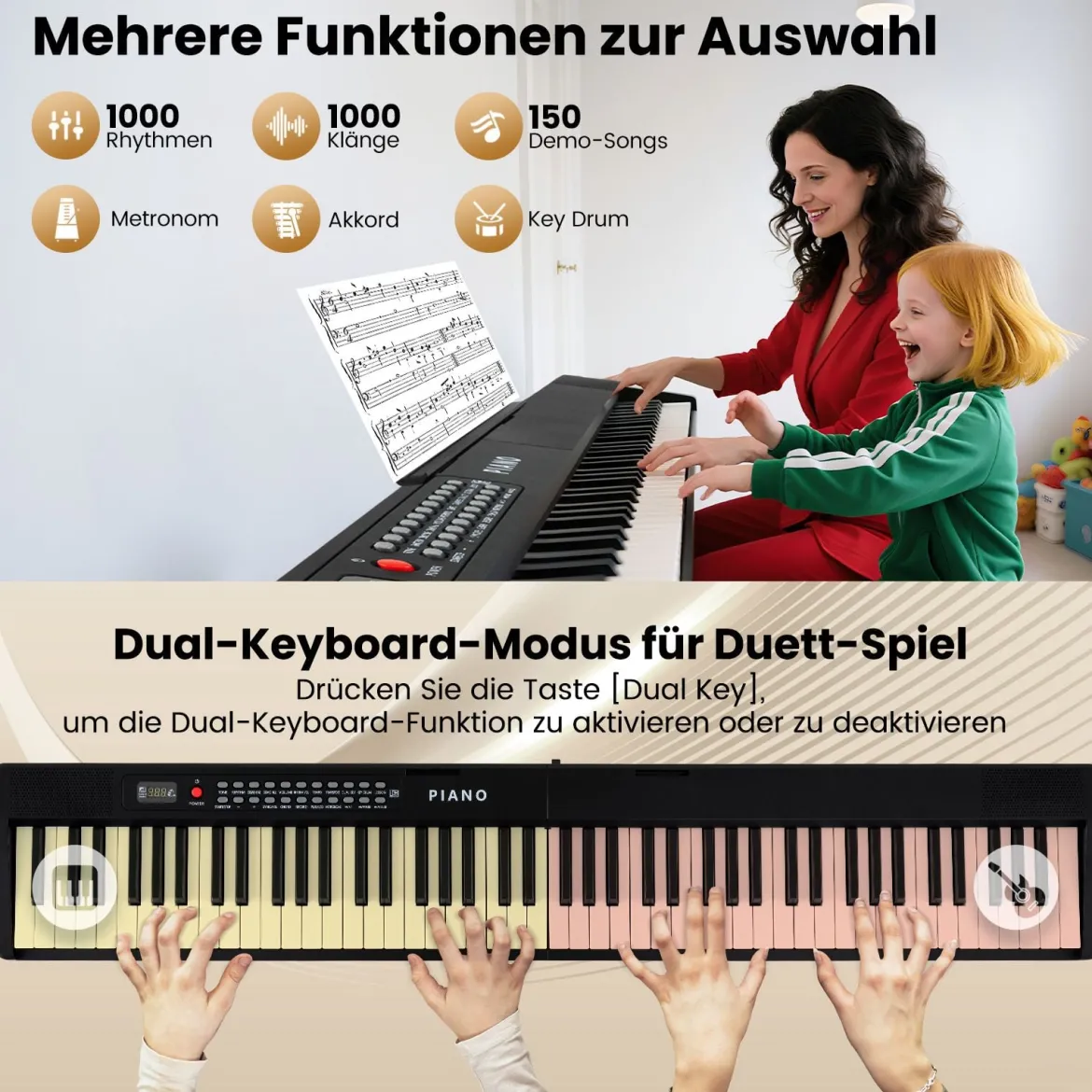 Faltbares 88-Tasten-Klavierkeyboard mit Split-Funktion & 3 Lernmodi Keyboard Schwarz