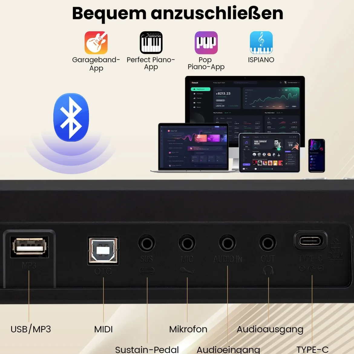 Faltbares 88-Tasten-Klavierkeyboard mit Split-Funktion & 3 Lernmodi Keyboard Schwarz