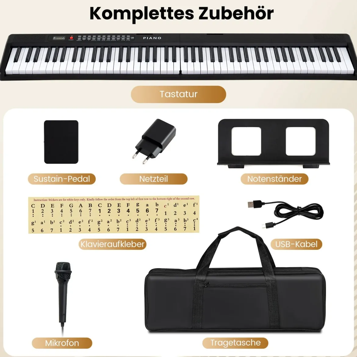 Faltbares 88-Tasten-Klavierkeyboard mit Split-Funktion & 3 Lernmodi Keyboard Schwarz