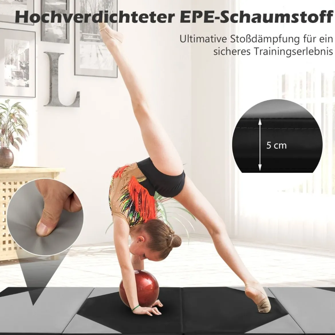 Faltbare Trainingsmatte aus Kunstleder mit Klettverschlüssen & Tragegriffen 300 x 117 x 5 cm