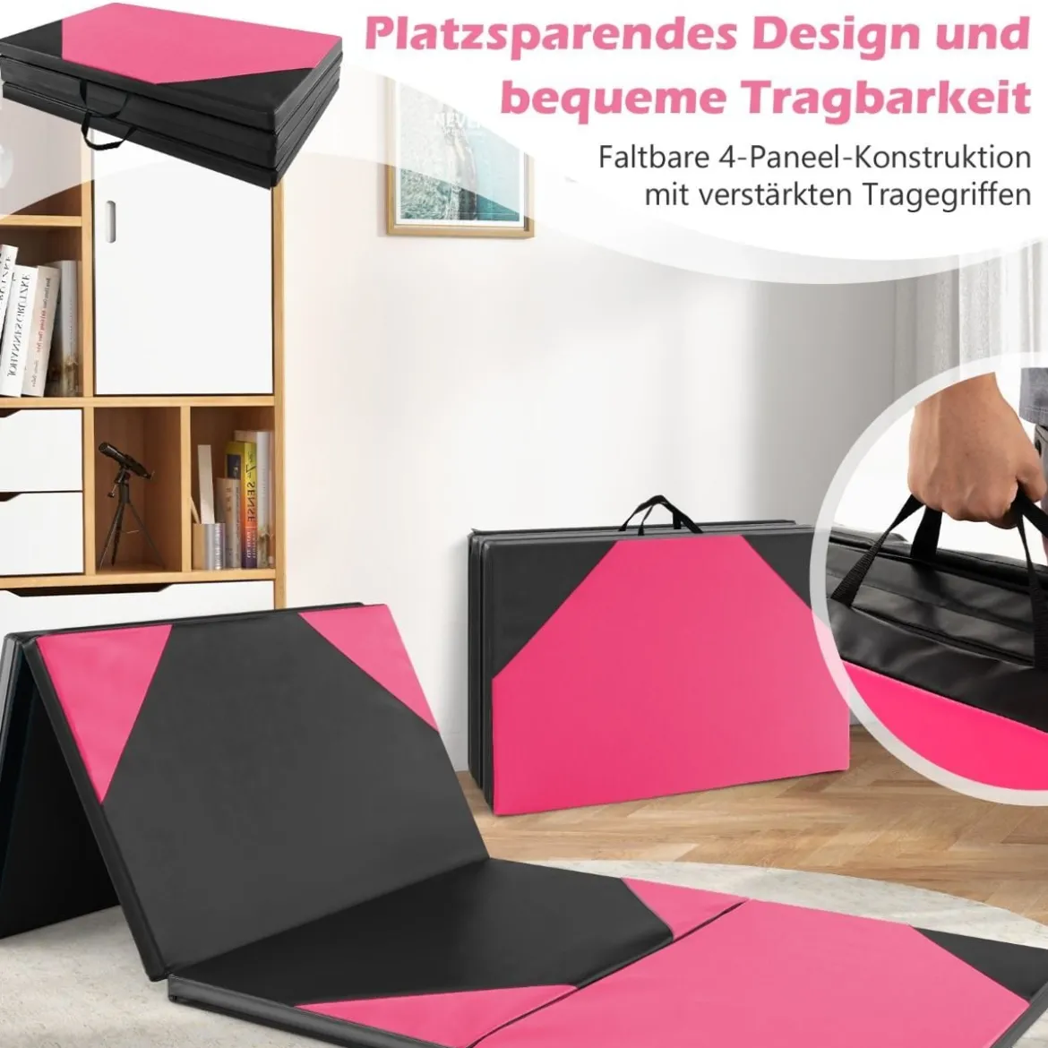 Faltbare Trainingsmatte aus Kunstleder mit Klettverschlüssen & Tragegriffen 300 x 117 x 5 cm