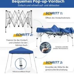 Faltpavillon 3 m x 3 m Großes Aufklappbares Vordach Blau mit Tragetasche mit 3-stufiger Höhenverstellung