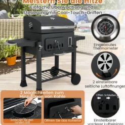 Fass-Holzkohlegrill mit 2 Klappbaren Seitentischen Outdoor-Grill mit Ablagefach & Rädern