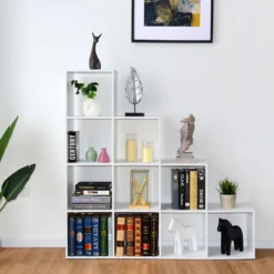 10 Fächer Weiß Holz Treppenregal Bücherregal