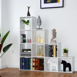 10 Fächer Weiß Holz Treppenregal Bücherregal