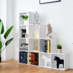 10 Fächer Weiß Holz Treppenregal Bücherregal